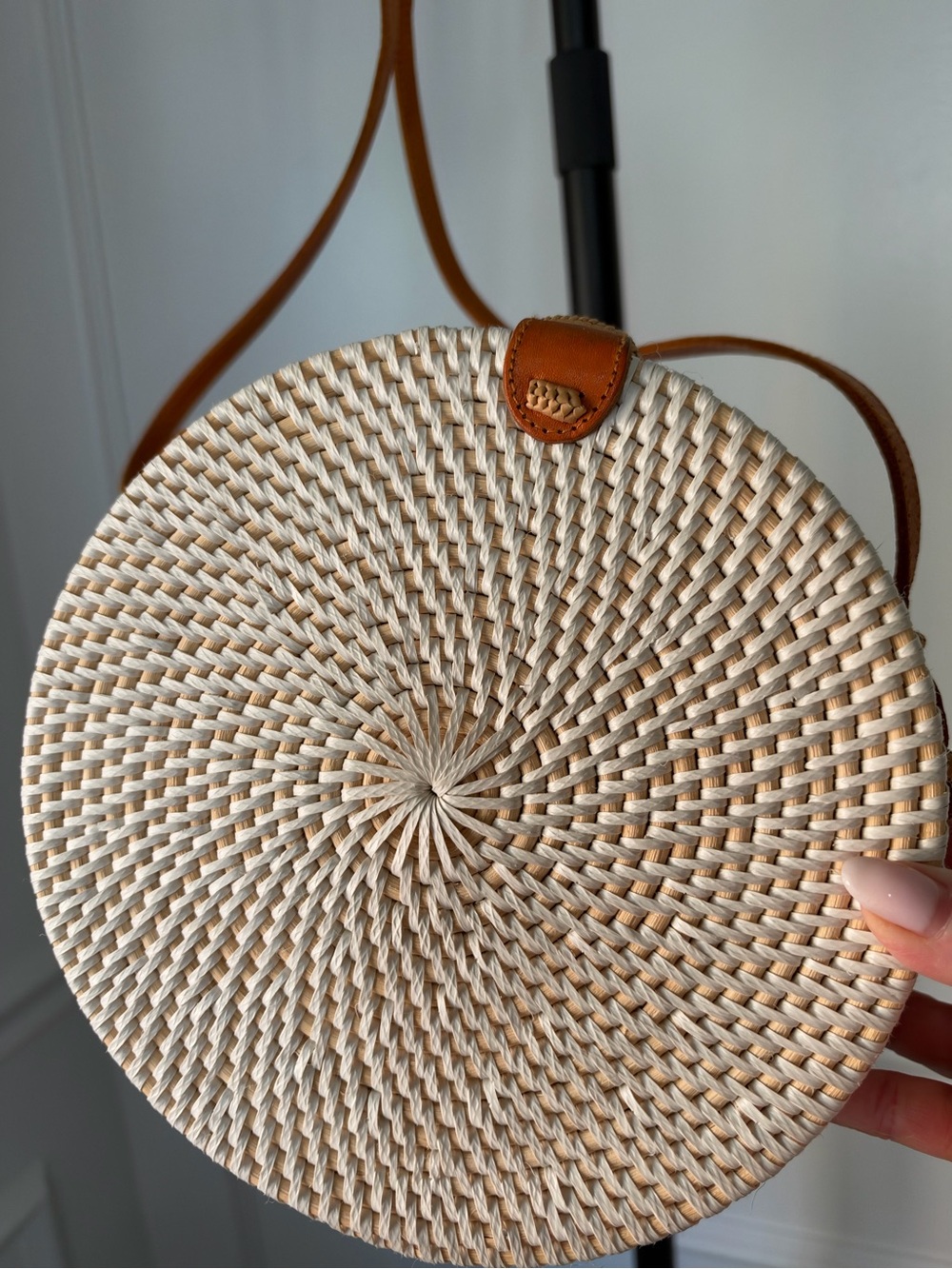 Source Unknown Round Woven Crossbody Bag in Cream and Tan